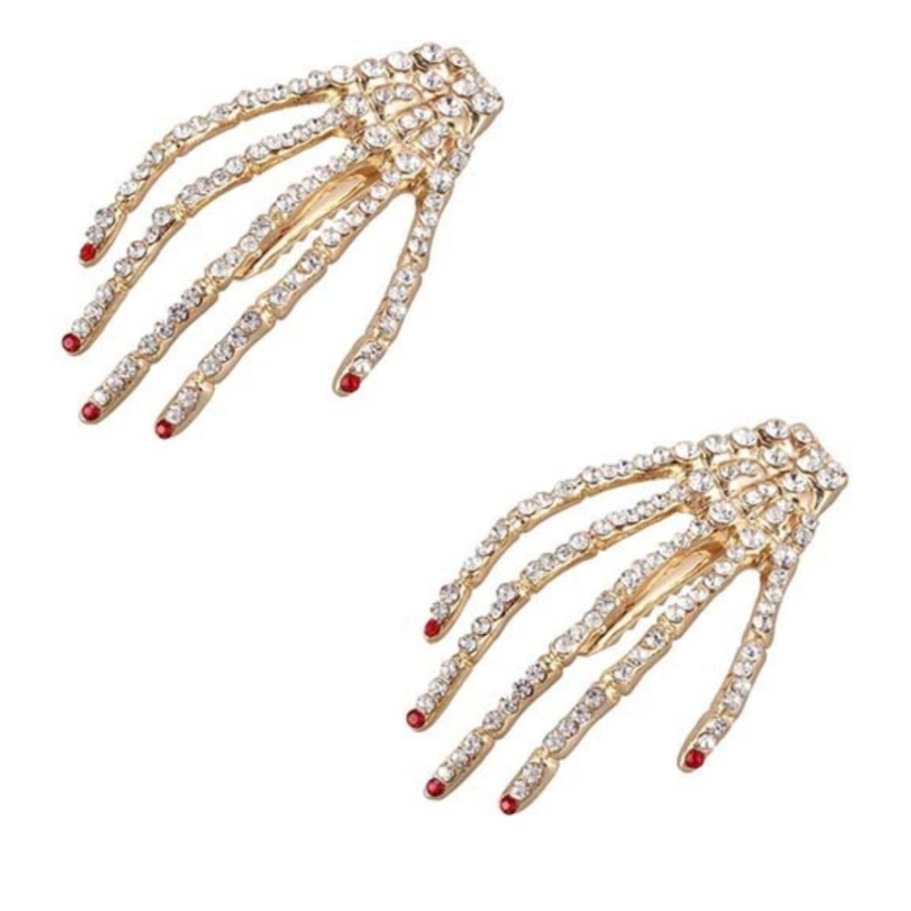 👍ELLA & ELLY Goldtone Rhinestone Skeleton Hand Hair Clip Set (Set of Two)